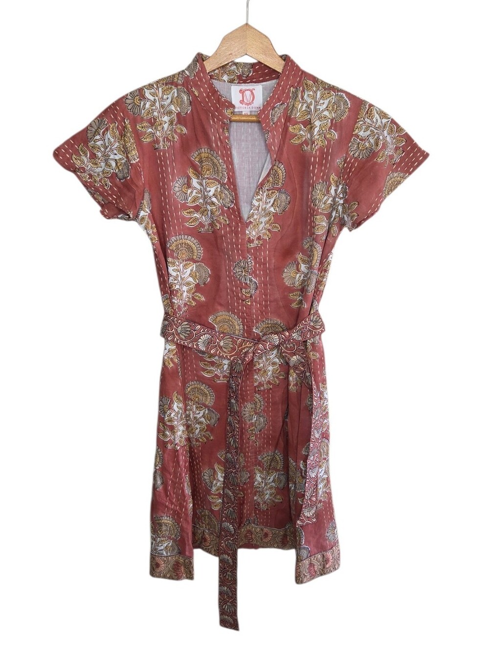 Victoria Dunn Rust Block Print Floral Short Sleeve Dress Size XS Boho Fall